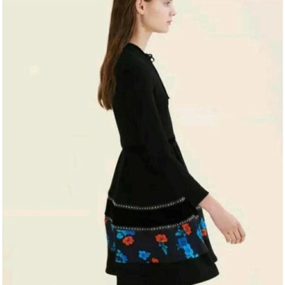 Maje Rafa Ponte Floral Flared Black Velvet Embellished Crepe Mini Dress Small - Picture 2 of 11